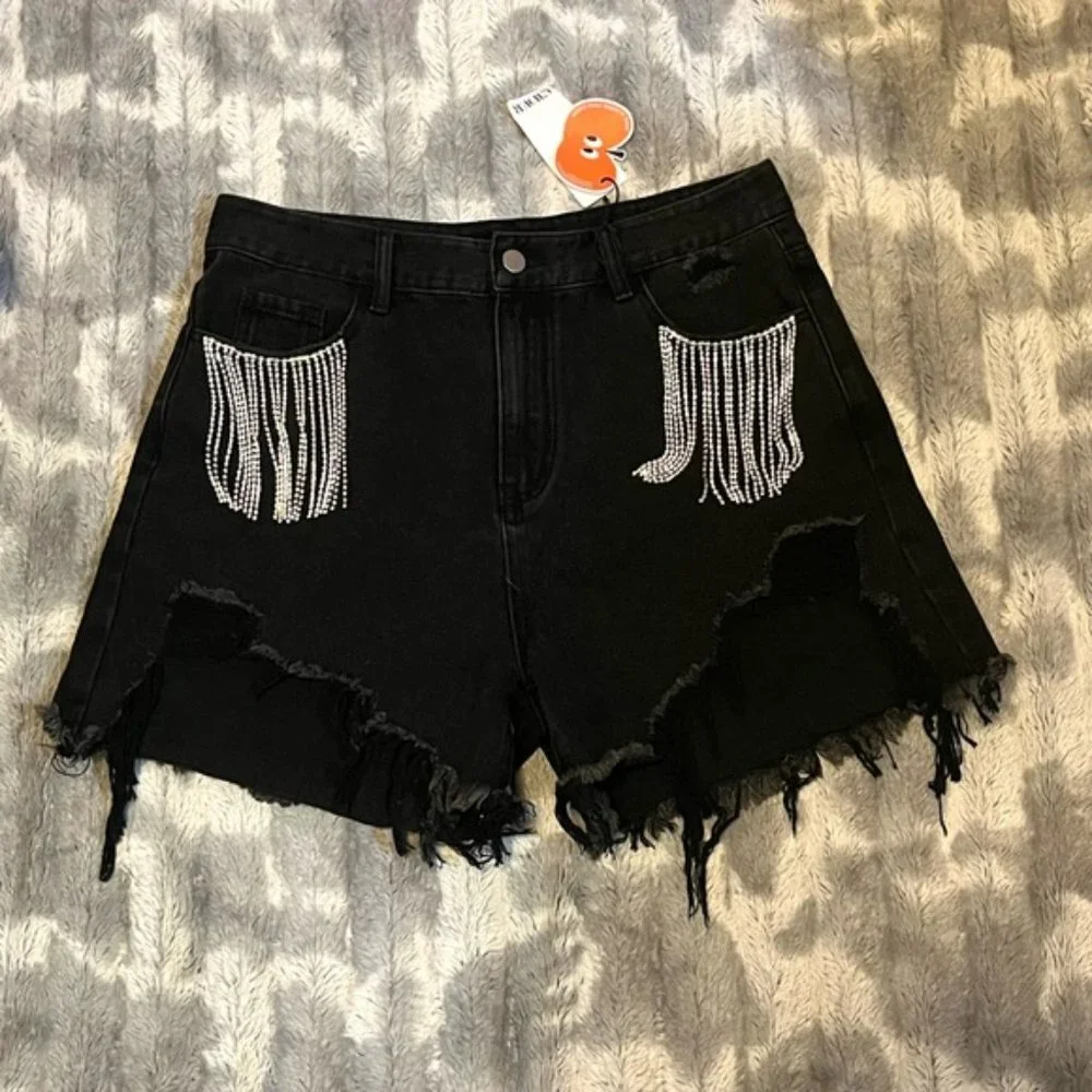 Cider Diamond Tassels Ripped Denim ShortsSize XL - Picture 3 of 10